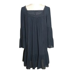 Loft, Navy blue Lagenlook boho swing dress ruffled,  embroidered lace